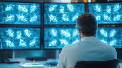 Obraz premium A researcher analyzes multiple digital displays showing complex neural patterns, focused on understanding brain activity and functions.