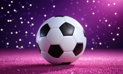 Fototapeta premium Soccer ball on vibrant glittering purple background with bokeh lights