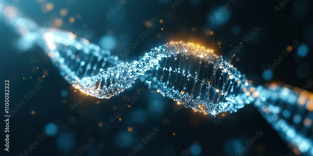 Poster a mesmerizing visualization of a dna double helix, composed of glowing particles, symbolizing life, 