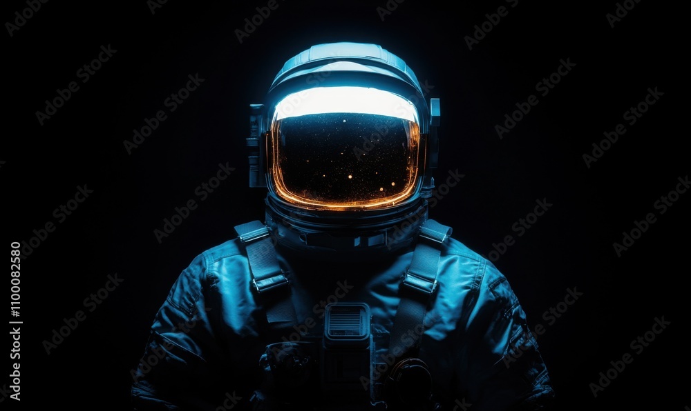 Poster Astronaut in full gear, helmet and reflective visor, illuminated by a blue light from the front. Black background adds depth to the scene, creating a mysterious atmosphere for advertising or sci-fi.