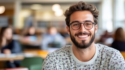 Obraz premium A young man with glasses and a patterned sweater warmly smiles in the cozy environment of a library, creating a relaxed and scholarly ambiance.