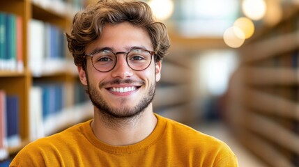 Fototapeta premium A young gentleman wearing glasses and a comfortable sweater smiles in a well-lit library, evoking warmth, intelligence, and a scholarly pursuit of knowledge.