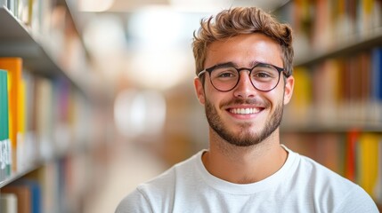 Fototapeta premium A young scholar with glasses and casual attire stands confidently in a lively library, embodying a spirit of learning, friendliness, and modern academic life.