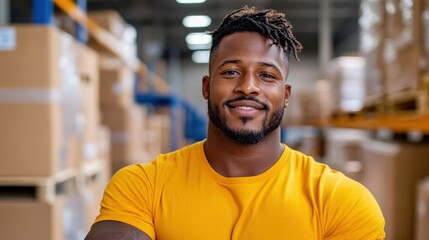 Fototapeta premium A strong warehouse worker with a joyful demeanor stands proudly in front of stacks of boxes. His bright yellow shirt adds vibrance to the industrial background.