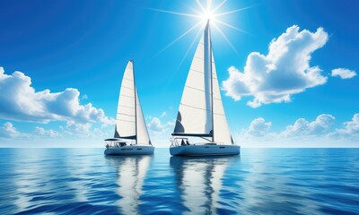 Fototapeta premium Serene sailboats on tranquil blue ocean under a bright sunlit sky
