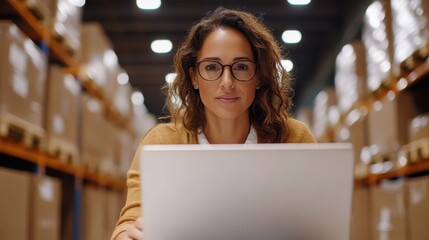 A determined woman diligently working on her laptop between towering warehouse shelves, illustrating dedication and efficient management in a busy storage environment.