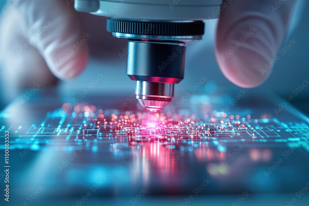 Poster a close-up of a microscope lens focusing on a circuit board, showcasing intricate details and glowin