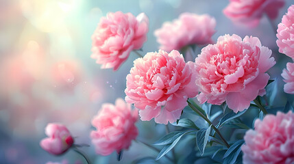 Fototapeta premium A soft focus image showcasing vibrant pink peonies in a dreamy, blurred background, evoking a sense of tranquility and beauty.