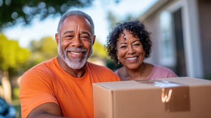 A happy couple smiling brightly while holding a cardboard box in a sunny outdoor setting, symbolizing teamwork and shared joy in receiving a package delivery.