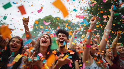 Group of friends celebrating at a festive event with colorful confetti, joyful expressions, and hands raised in excitement.