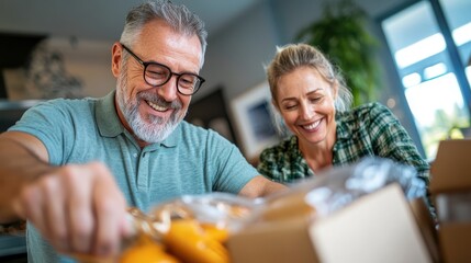 A delighted couple enthusiastically unpacking a box of groceries at a dining table, symbolizing shared joy and satisfaction in receiving fresh produce together.
