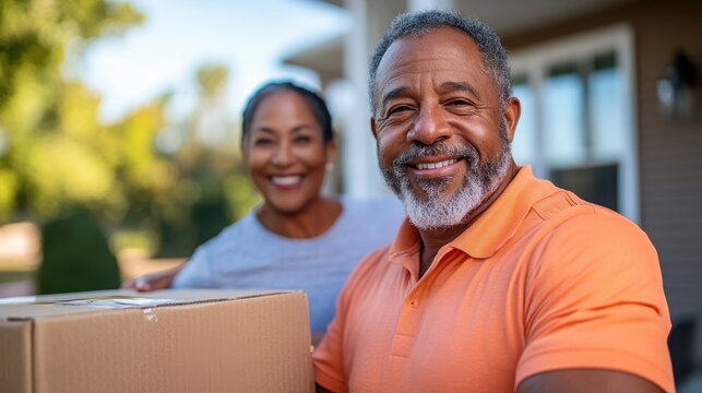 A couple smiling while holding a cardboard box in a cheerful and sunny environment, representing moments of happiness and connection through teamwork and delivery.