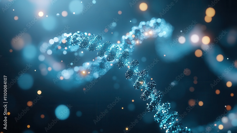 Poster a vibrant, abstract representation of a dna strand illuminated by sparkling particles against a dark