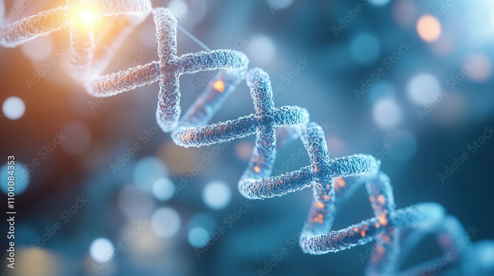 Poster a close-up of a dna double helix structure, featuring a glowing effect and a blurred blue background
