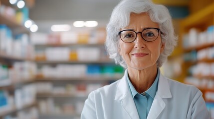 Fototapeta premium An experienced elder female expert wearing glasses in a laboratory, showing wisdom and expertise within a modern scientific research environment.