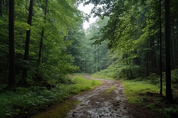 Obraz premium Calm pathway through a lush green forest under soft morning light after rain