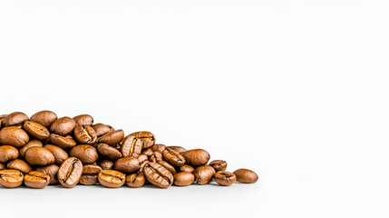 A pile of roasted coffee beans on a minimalist background, highlighting their rich color and texture, perfect for coffee enthusiasts.