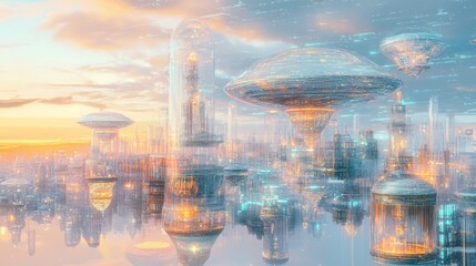 Obraz premium Futuristic city skyline at sunset, reflecting on water, with transparent domes and flying vehicles.