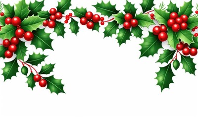Festive christmas garland with holly leaves and red berries on white background