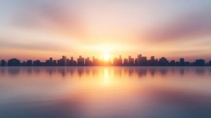 Obraz premium A serene sunset over a city skyline reflecting on calm waters.