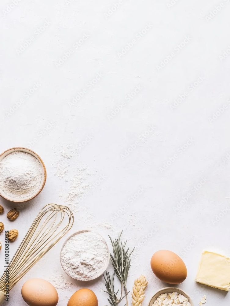 Aufkleber flour, eggs, butter, and a whisk are neatly arranged on a white background, leaving space for recipe
