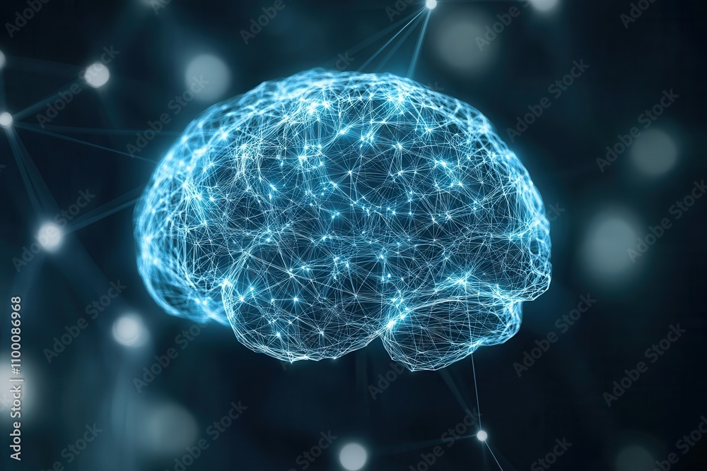 Aufkleber A digital representation of a brain, showcasing interconnected neural networks in a futuristic design against a dark background.