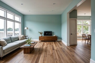 Fototapeta premium Tranquil Open Concept Living Space with Soft Blue Walls and Elegant Wood Flooring