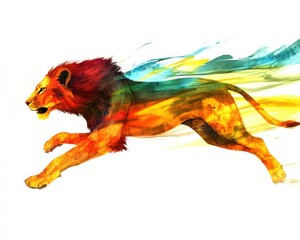 Colorful watercolor lion running with dynamic motion on white background