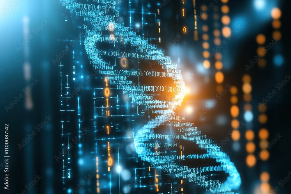 Poster A vibrant digital representation of a DNA double helix, surrounded by glowing binary code and bright particles, symbolizing genetics and technology.