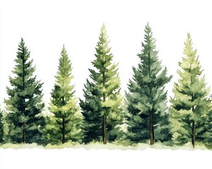 Obraz premium Colorful watercolor painting of tall evergreen trees on white background.