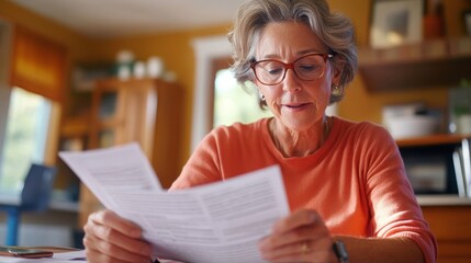 A senior woman is analyzing documents with intent focus at her kitchen table, revealing an ambiance of practiced diligence and a content home life setting.