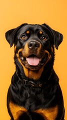 Obraz premium Confident rottweiler portrait soft orange backdrop pet photography studio setting close-up unique personality