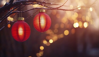 Fototapeta premium Two red lanterns hanging from a branch, illuminated against a soft, blurred background.