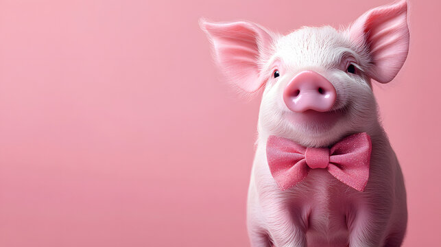 Cute Pig with Pink Bow Tie, Adorable Piglet Photo, Minimalist Animal Photography, Baby Pig Portrait, Valentine's Day