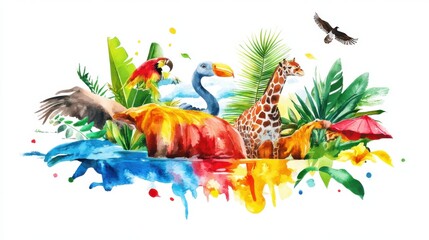 Obraz premium Colorful watercolor illustration of exotic animals amidst vibrant foliage.