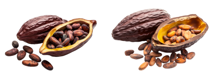Cacao fruit with cacao beans isolated on a white or transparent background, Cut out PNG