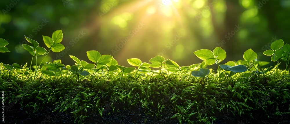 Poster lush greenery with gentle sunlight streaming through leaves on a tranquil forest floor highlighting 
