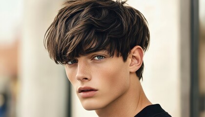 Stylish Young Man with Textured Brown Hair, Close-up Portrait, Fashionable Hairstyle, Male Model,  Attractive Appearance, Casual Look