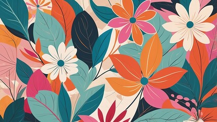 Bold and colorful abstract illustration with a mix of leaves and flowers, full of energy.  