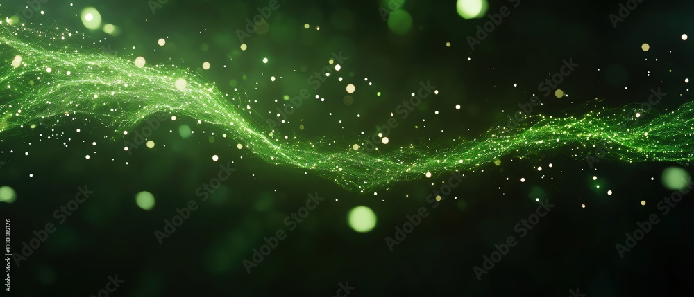 Poster dynamic green particles dancing in motion, creating a mesmerizing visual effect.