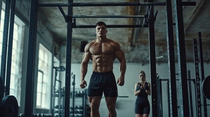Handsome muscular young man in black sportswear walks by the gym. Man hops to grab a horizontal bar and does pull ups. Lady doing squats with weights