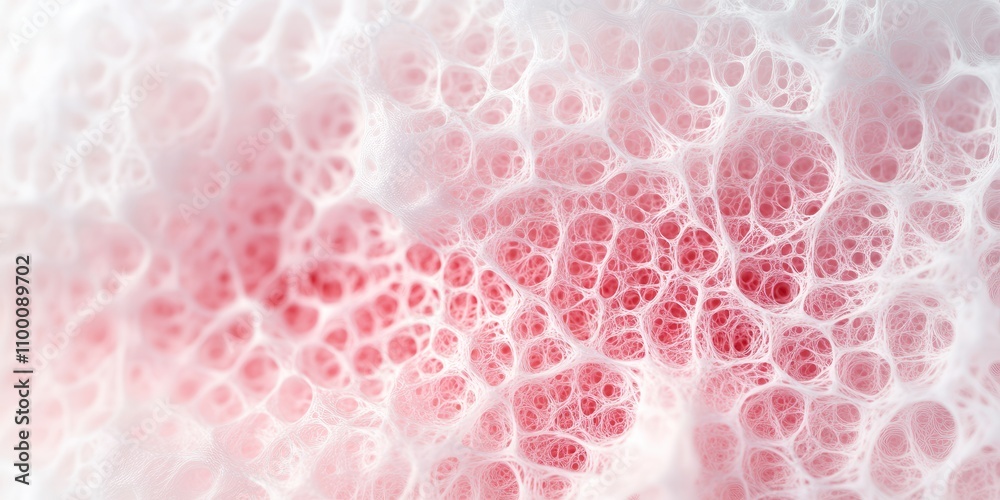 Poster A close-up view of a textured surface featuring delicate, interconnected patterns in shades of pink and white, resembling organic or cellular structures.