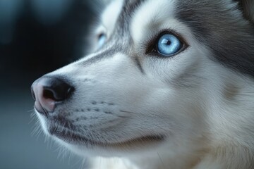Close-up portrait of a Siberian Husky with striking blue eyes, looking thoughtfully to the side.