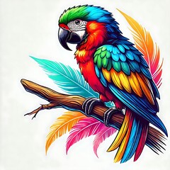 Obraz premium Colorful parrot perched on a branch with feathers.