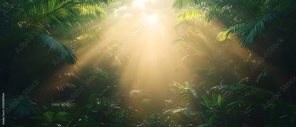 Aufkleber ethereal sunlight rays filtering through lush green foliage in a serene tropical rainforest creating