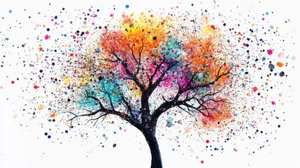 Colorful tree artwork with vibrant splashes, isolated on white background.