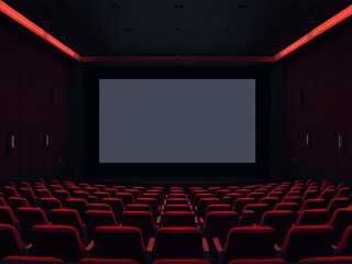 Fototapeta premium Cozy movie theater interior with red seats and a large blank screen at night before the show starts