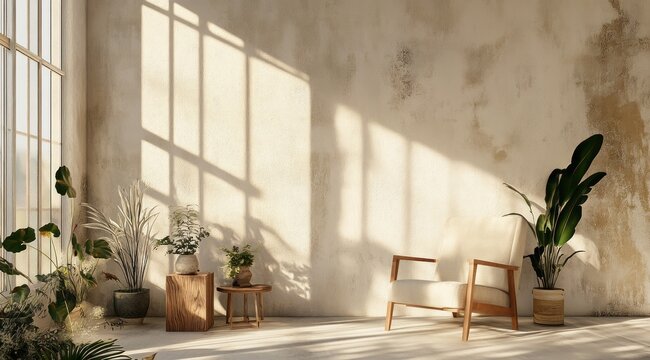 Un intérieur de salon sobre, moderne et lumineux avec un fauteuil et des plantes vertes, image avec espace pour texte.