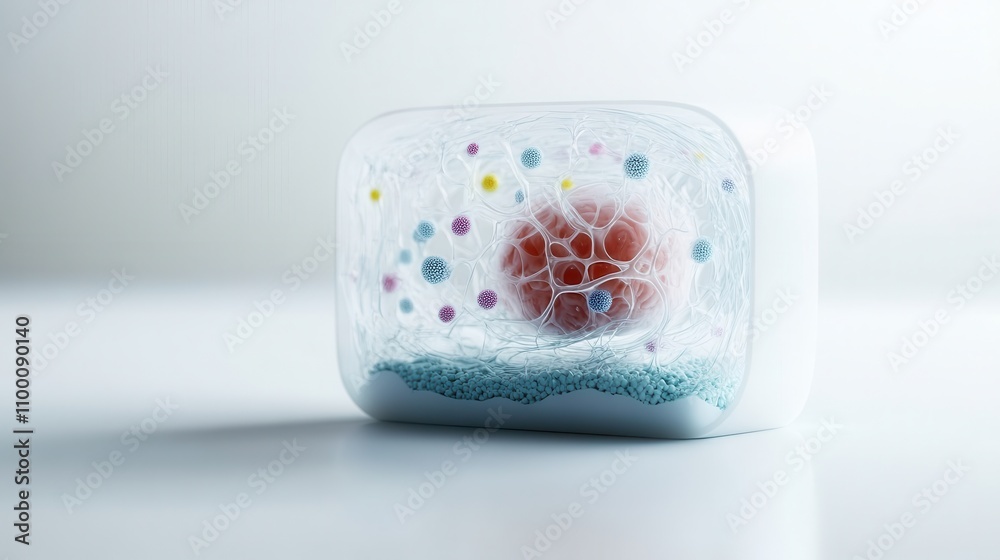 Poster A translucent cube contains a vibrant, microscopic cell surrounded by colorful particles, showcasing the intricacies of cellular biology in a modern design.
