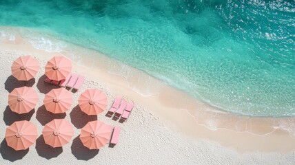 Fototapeta premium White sand. Turquoise blue ocean. Rows of Pastel pink beach umbrellas and pink loungers